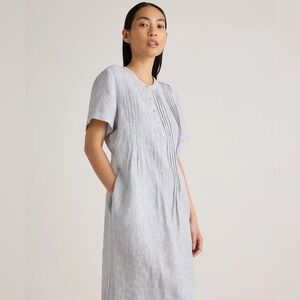 Quince  Linen Short Sleeve Swing Dress, Blue Pinstripe, XL